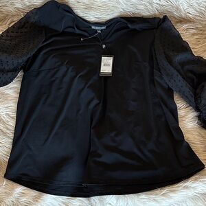 Adriana Papell 2X Black Women's Top with sheer dot sleeve